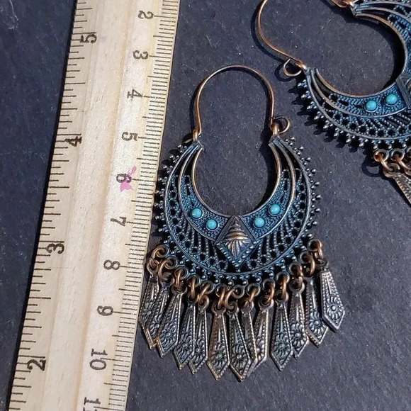 Antique Copper Verdigris Blue Green Patina Edgy Geometric Dangles Earrings - Picture 5 of 8
